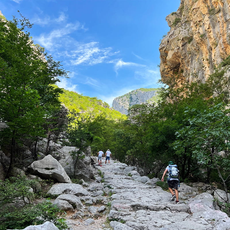 Location Paklenica people hiking in forests of Paklenica national park with cliffs on the right side