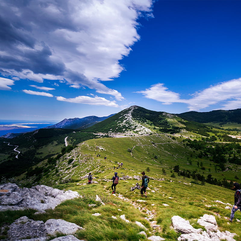 Location Summer Adventure group of people on a summer day hiking along Velebit mountain with Adriatic sea visible in the background