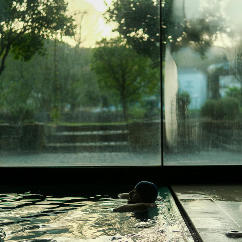 VPR Privacy man in indoor pool with a view of trees and paved courtyard